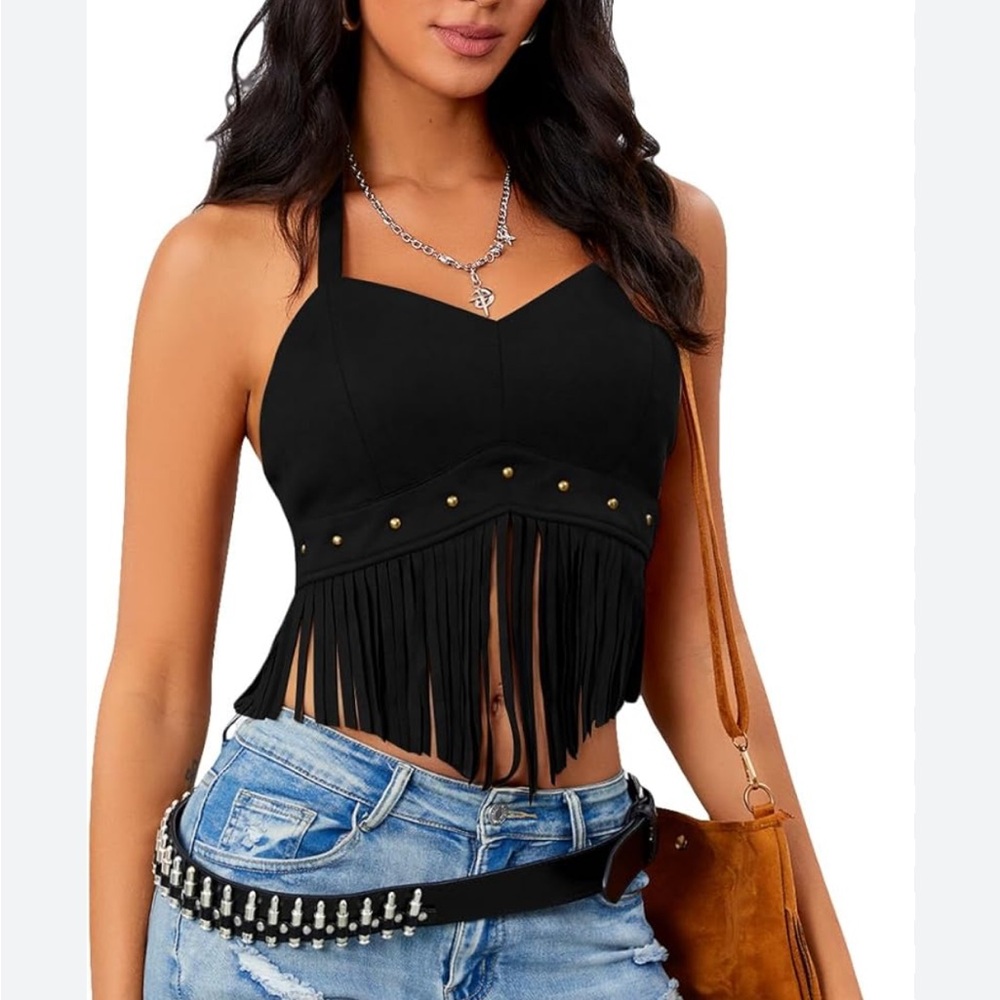 Faux Suede Fringe Halter Top